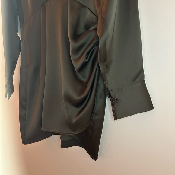 Zara Olive Satin Faux Wrap Long Sleeve Mini Dress - Picture 7 of 14